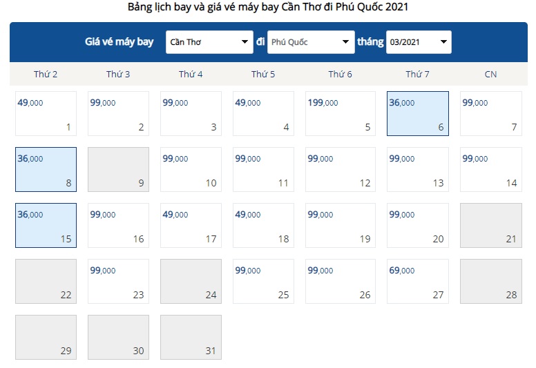 lịch bay cần thơ phú quốc tháng 3/2021